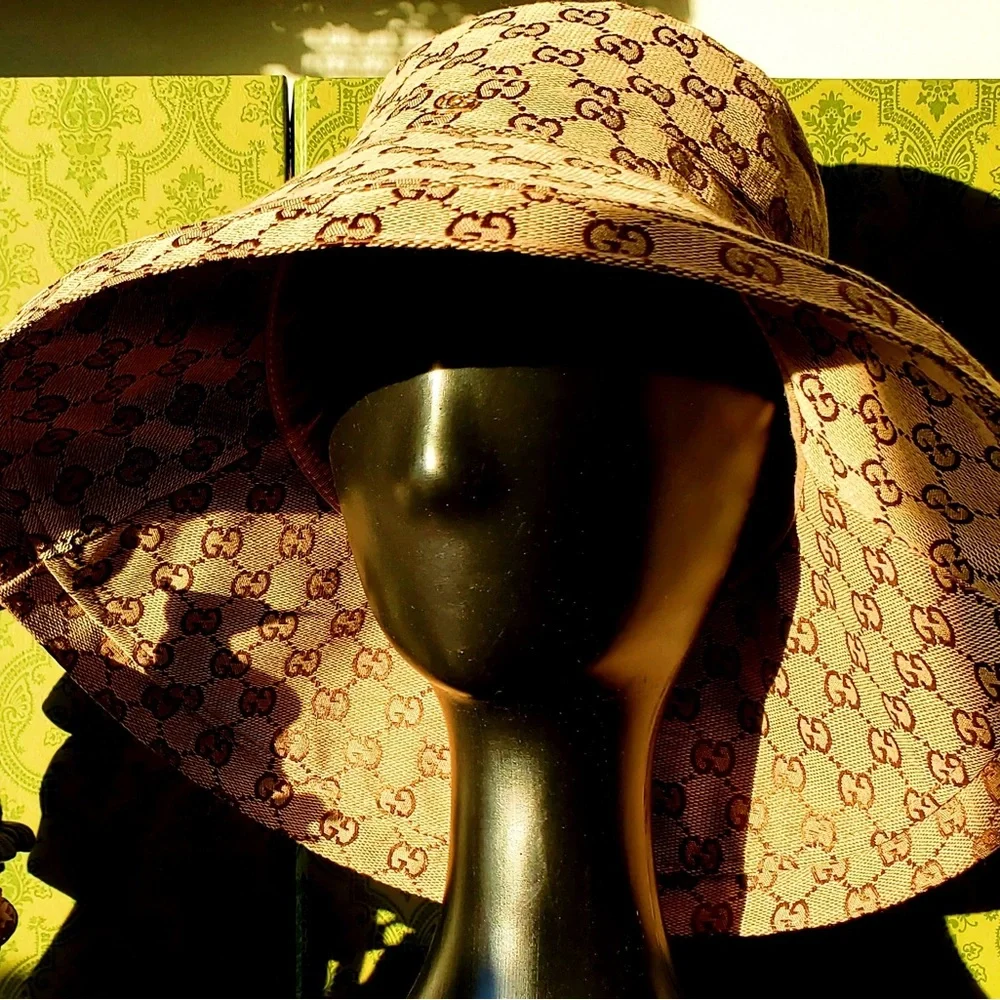 Gucci Beige GG Monogram Bucket Hat Wide Large Brim Jacquard Canvas Sun Beach - Picture 13 of 16